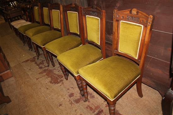 Set of six Edwardian walnut dining chairs, with green dralon upholstered seats and backs